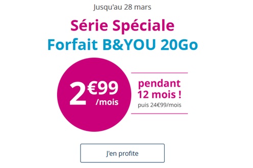 La Série Spéciale B&YOU 20Go à 2.99 euros s'arrête dans quelques heures chez Bouygues Telecom
