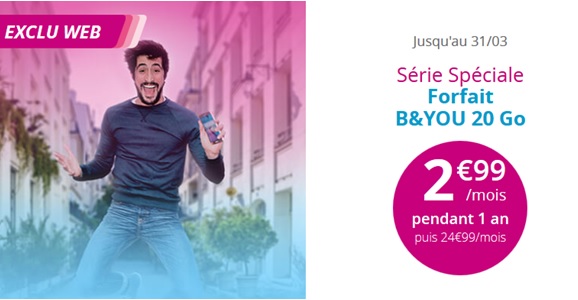 Bouygues Telecom : La Série Spéciale B&YOU 20Go à 2.99 euros prolongée jusqu'au 31 mars