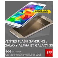 Dernières heures pour profiter des ventes flash SFR : 50€ de remise sur le Galaxy Alpha et Galaxy S5 !