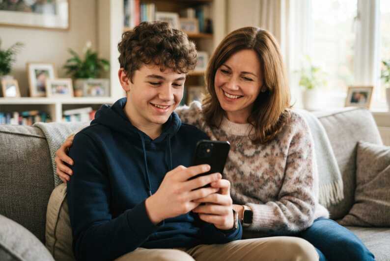 Un adolescent utilise un smartphone noir à côté d'un parent souriant.