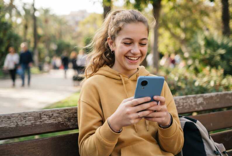 Une adolescente sourit en regardant son smartphone devant un mur uni.