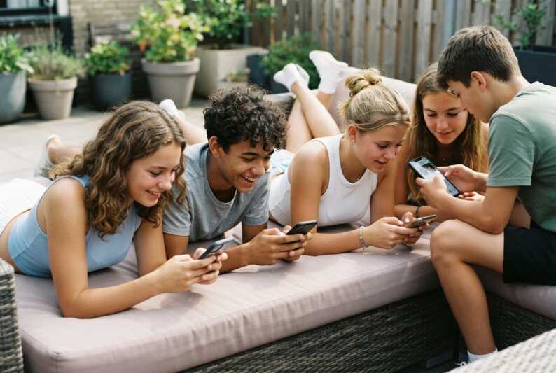 Groupe d'adolescents utilisant des smartphones pour consulter des réseaux sociaux, vus de dos.
