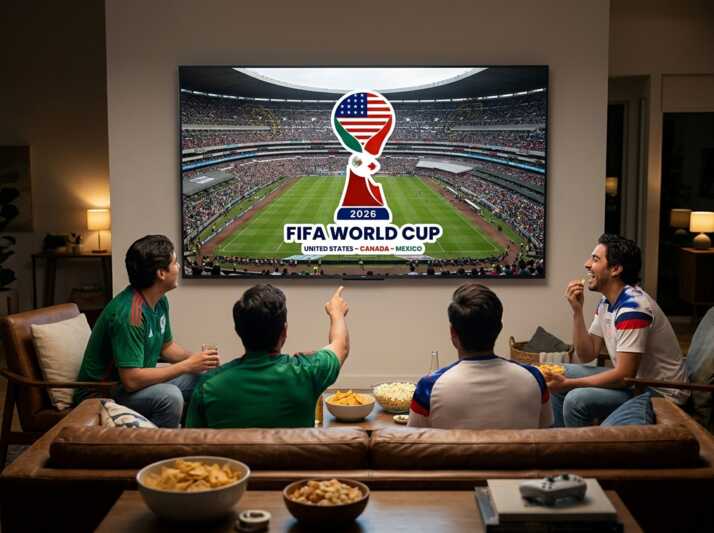 Quatre personnes regardent un match de la Coupe du Monde 2026 sur un écran de télévision dans un salon.