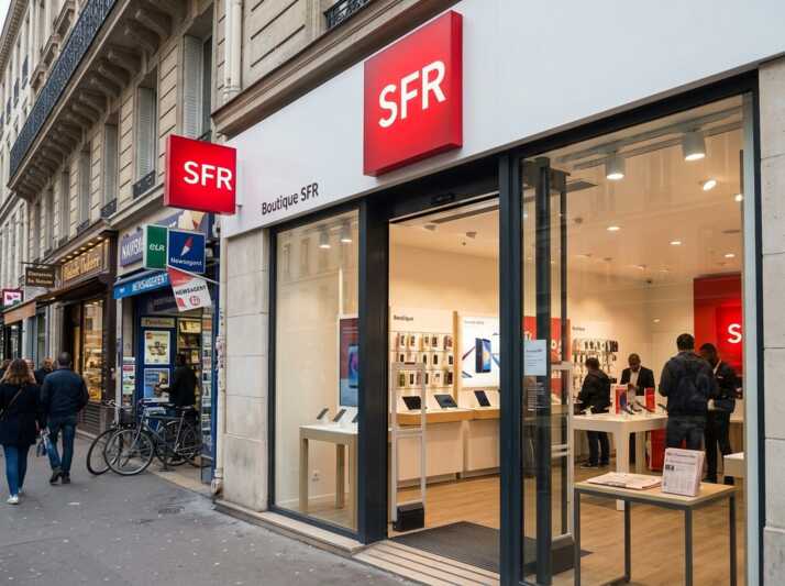 Façade d'une boutique SFR avec des clients à l'intérieur et des passants sur le trottoir.