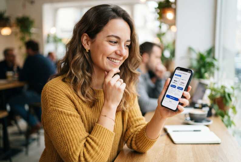 Une personne regarde l'écran de son smartphone en hésitant sur le choix d'un forfait mobile.