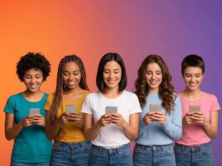 Cinq femmes de divers horizons debout côte à côte, regardant leurs smartphones respectifs sur fond dégradé.