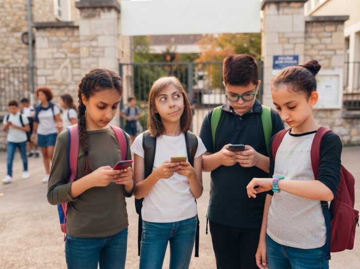 Quatre collégiens de 11 à 14 ans devant une école, utilisant des smartphones et une montre connectée.