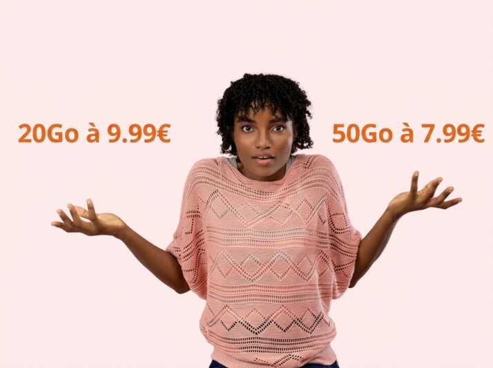 Femme hésitant entre deux offres mobiles : 20Go à 9.99€ et 50Go à 7.99€.