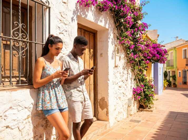 Un homme et une femme en tenue d'été utilisent leurs smartphones devant une maison méditerranéenne fleurie.