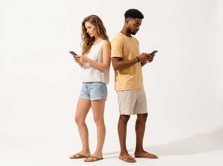 Un homme et une femme debout dos à dos, vêtus de tenues estivales, utilisant chacun un smartphone.