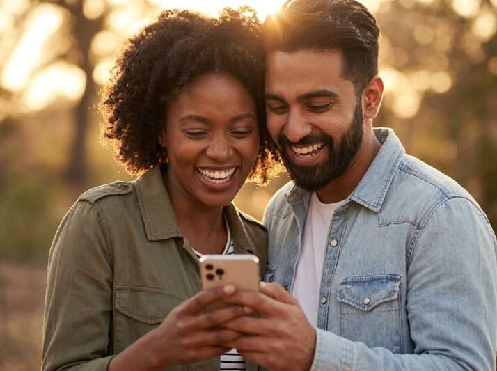 Un homme et une femme regardent ensemble un smartphone en souriant à l'extérieur.