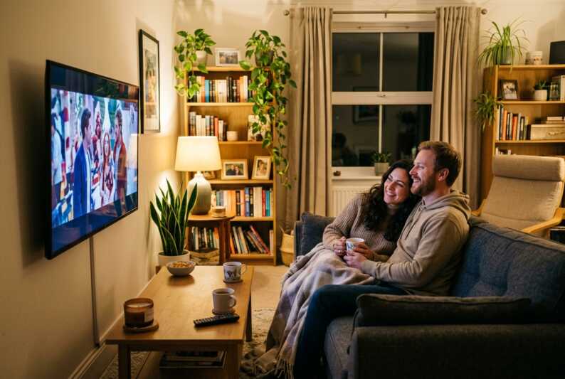 Un couple assis sur un canapé regarde la télévision dans un salon.