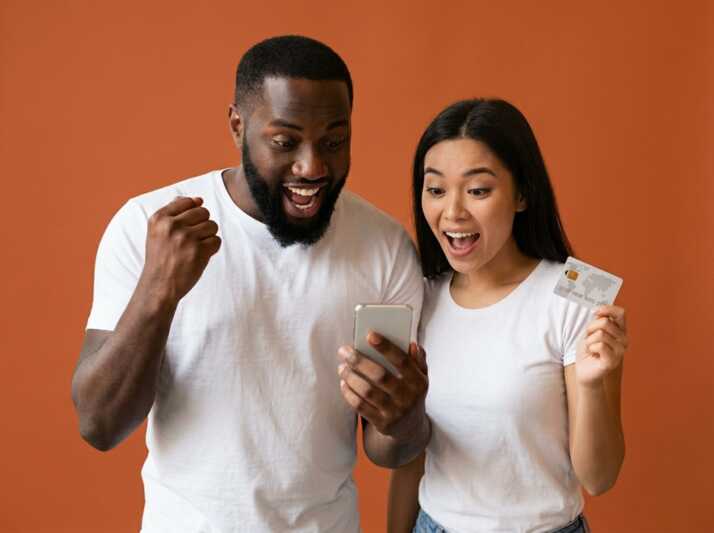 Un homme et une femme regardent un smartphone en tenant une carte bancaire sur un fond uni.