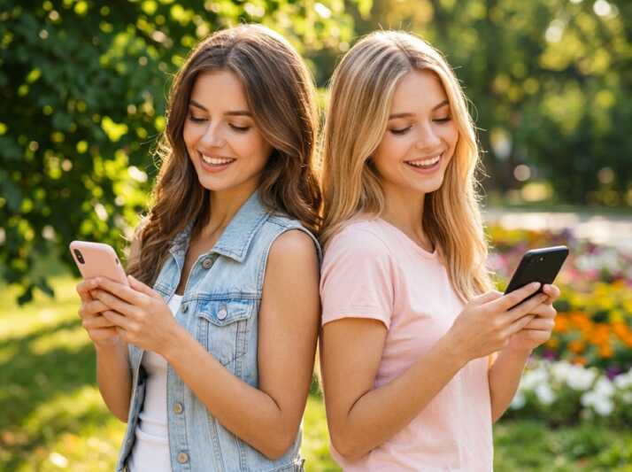 Deux femmes dos à dos utilisant leur smartphone dans un parc.