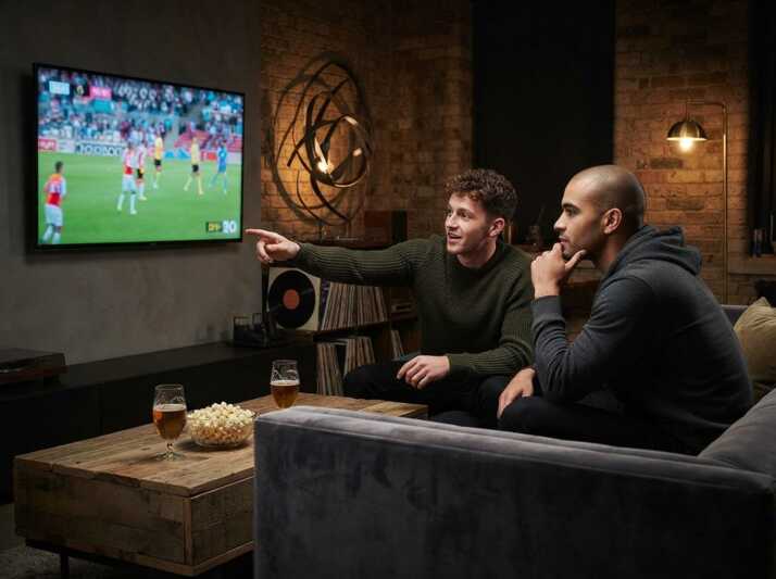 Deux hommes assis sur un canapé regardent un match de football à la télévision dans un salon.