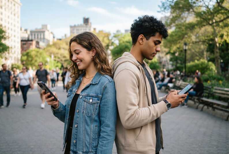Deux personnes tenant chacune un smartphone dans la main.