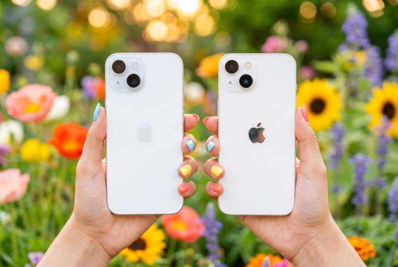 Deux smartphones blancs tenus par des mains devant un jardin fleuri.