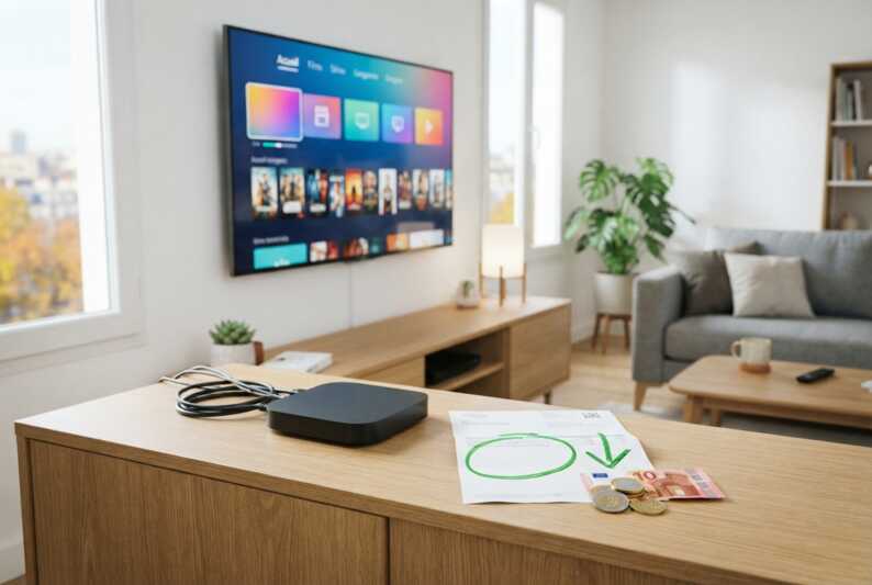 Smart TV avec interface de streaming, décodeur TV débranché, facture internet et pièces sur une table.