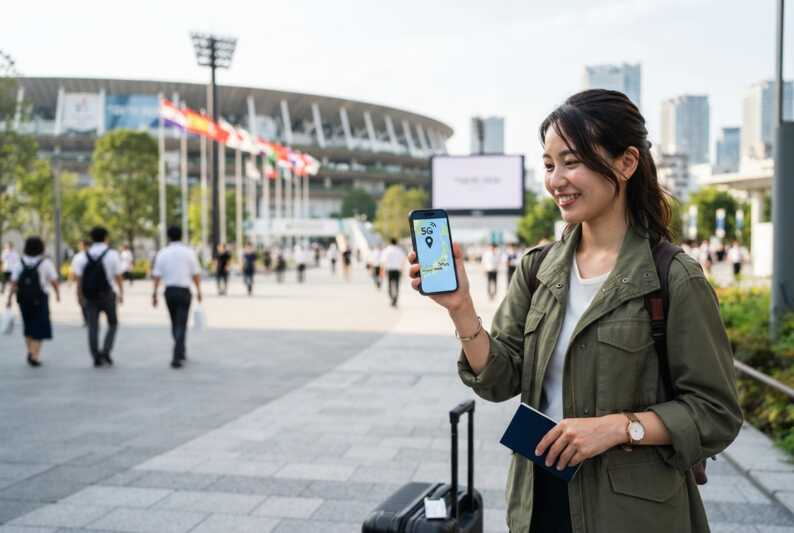 Smartphone affichant une carte du Japon devant un stade et des accessoires de voyage.