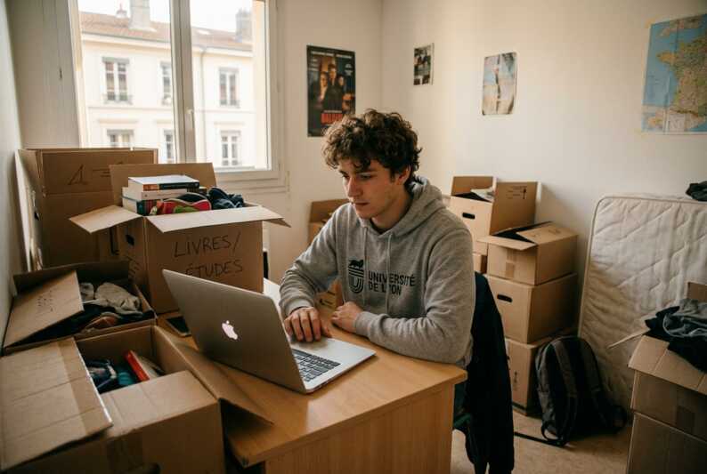 Étudiant s'installant dans un nouveau logement et se connectant à son ordinateur entouré de cartons.
