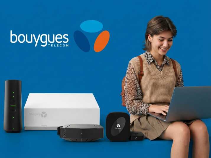 Une étudiante utilise un ordinateur portable devant des équipements internet Bouygues Telecom sur fond bleu.