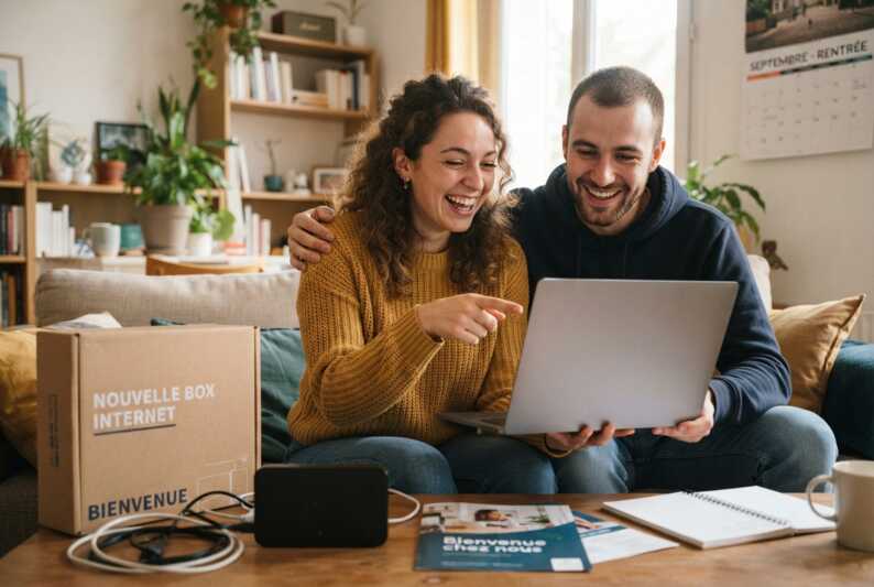 Deux jeunes souriants regardent un ordinateur portable lors de leur installation.