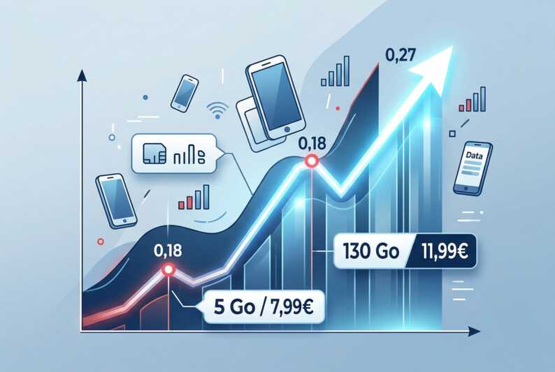 Graphique financier montrant la hausse du prix du giga avec des étiquettes de forfaits mobiles 5 Go et 130 Go.