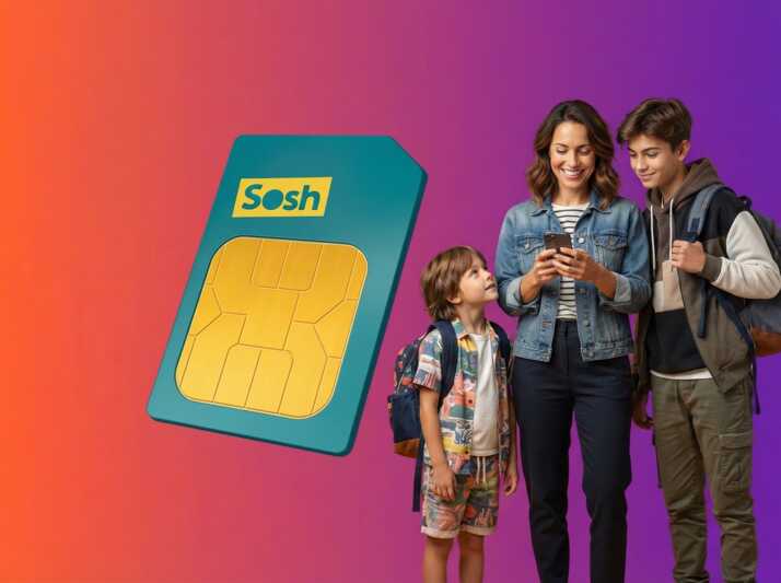 Une femme et deux enfants avec des sacs à dos regardent un smartphone à côté d'une carte SIM Sosh géante.