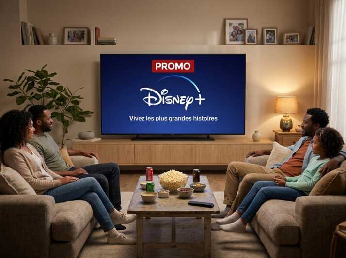 Quatre personnes assises sur des canapés face à une télévision affichant le logo Disney+ avec du pop-corn sur la table.