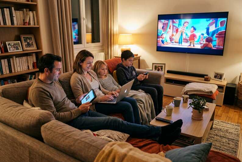 Famille assise dans un salon avec une télévision allumée, une tablette et un ordinateur portable.