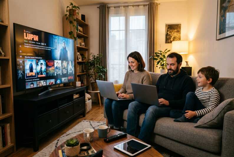 Une famille utilise des ordinateurs portables dans un salon avec une télévision allumée sans décodeur.