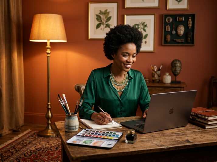 Une femme travaillant sur un ordinateur portable à un bureau avec du matériel de peinture.
