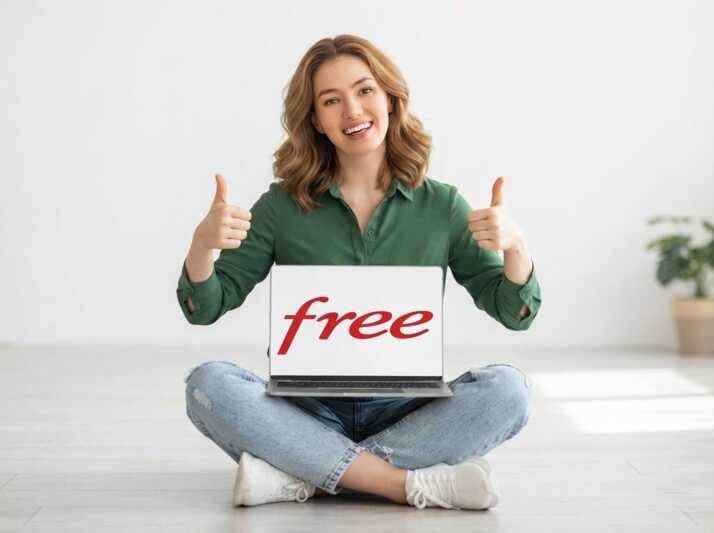 Une femme asiatique assise en tailleur dans un bureau moderne, tenant un ordinateur portable avec le logo Free.