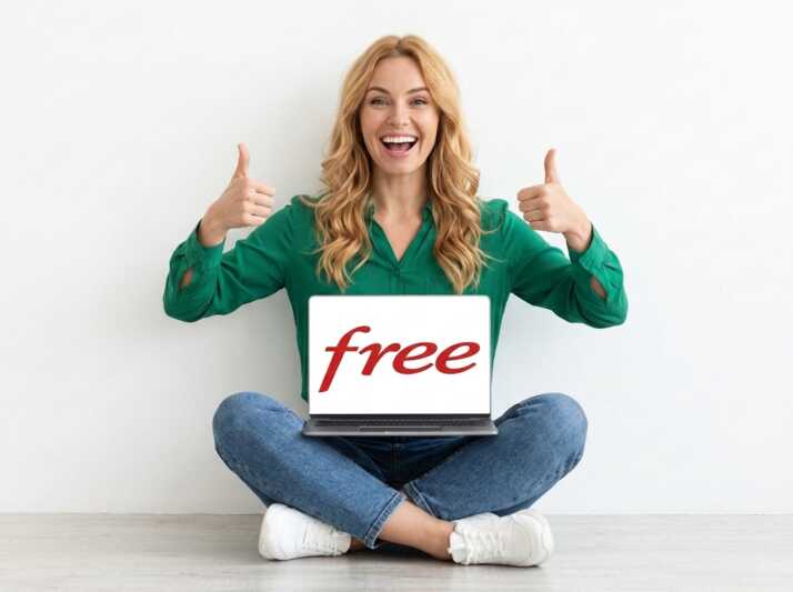 Femme blonde assise en tailleur tenant un ordinateur portable affichant le logo Free et faisant un signe pouce levé.