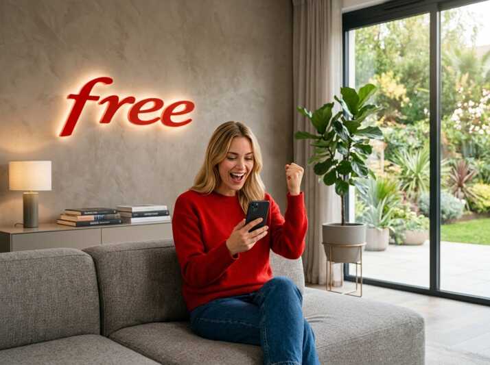 Femme blonde assise sur un canapé dans un salon, tenant un smartphone dans sa main gauche devant le logo Free.