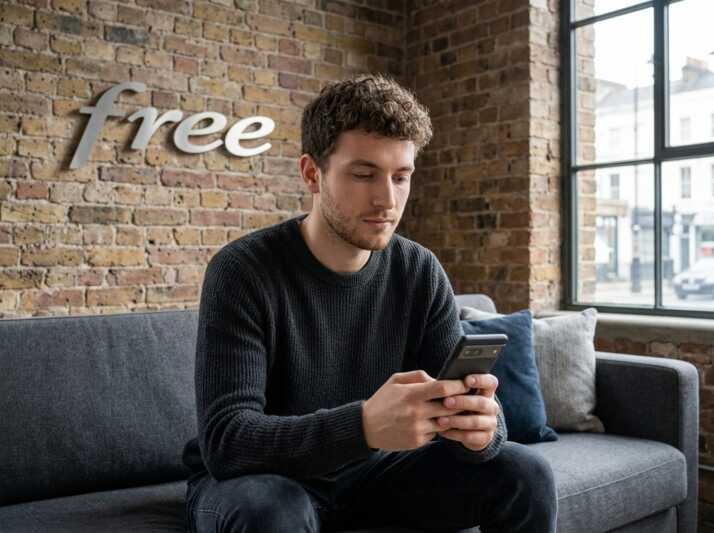 Une femme assise sur un canapé dans un bureau neutre, utilisant un smartphone.