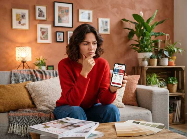 Une femme assise sur un canapé regarde son téléphone avec des échantillons de peinture sur la table basse.