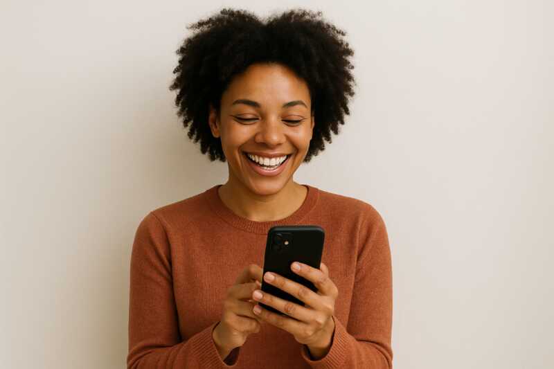 femme contente en consultant son smartphone