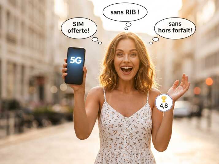 Femme en tenue d'été tenant un smartphone avec logo 5G et bulles de texte sur les avantages d'un forfait mobile.
