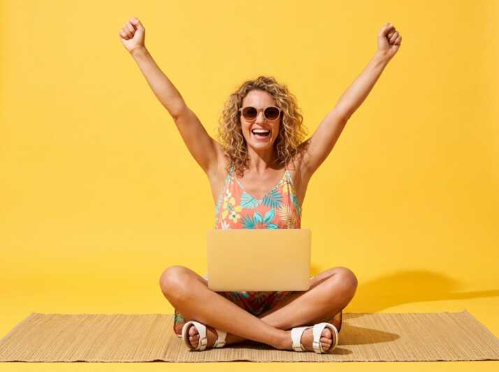Femme en tenue d'été assise sur un tapis avec un ordinateur portable, bras levés sur fond jaune.