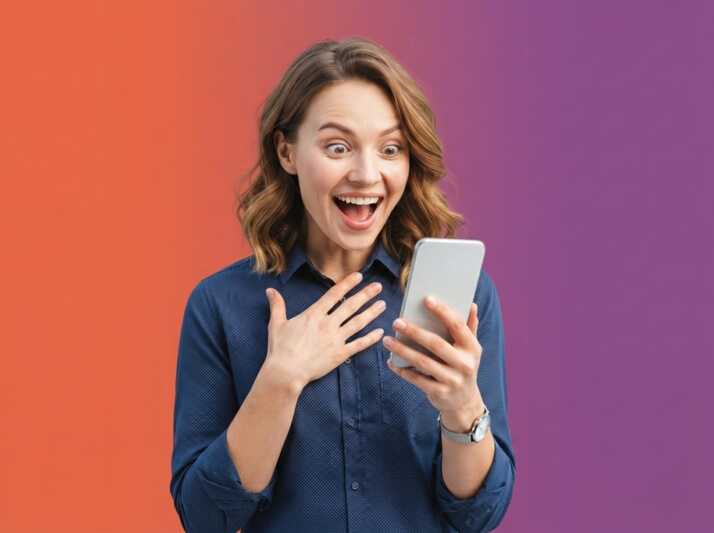 Femme européenne surprise regardant un smartphone sur fond dégradé orange et violet.