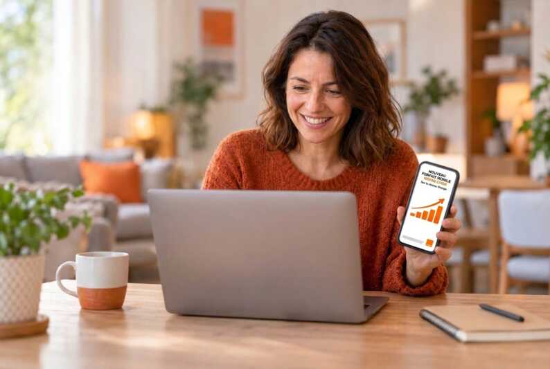 Femme souriante devant un ordinateur, tenant un smartphone affichant une offre de forfait mobile sur le réseau Orange.