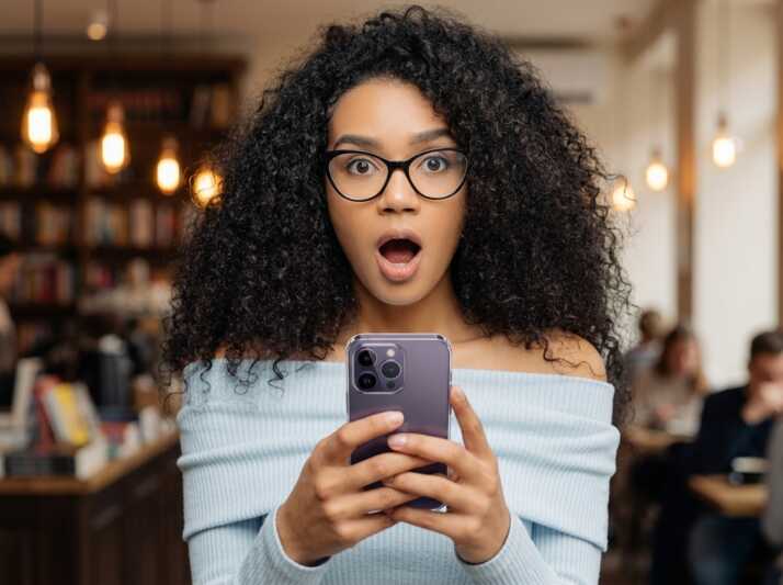 Femme aux cheveux bouclés portant des lunettes et tenant un iPhone 14 Pro devant un fond de bureau.