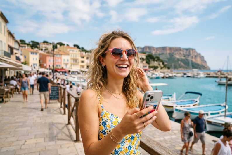 Jeune femme portant des lunettes de soleil et tenant un smartphone.