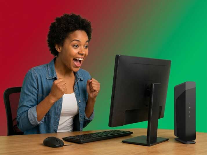 Une femme devant un ordinateur avec un fond rouge et vert.