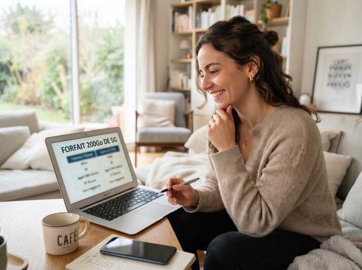 Femme souriante devant un ordinateur affichant un forfait 200Go 5G avec un smartphone posé sur la table.