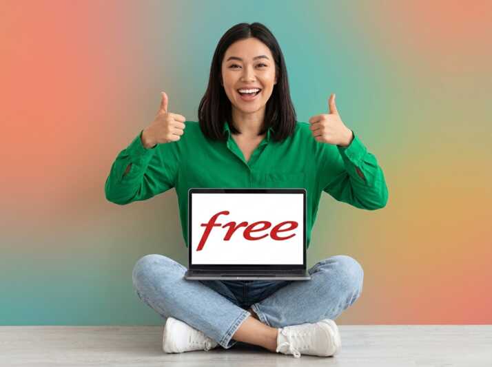 Femme assise en tailleur tenant un ordinateur portable affichant le logo Free sur fond coloré.