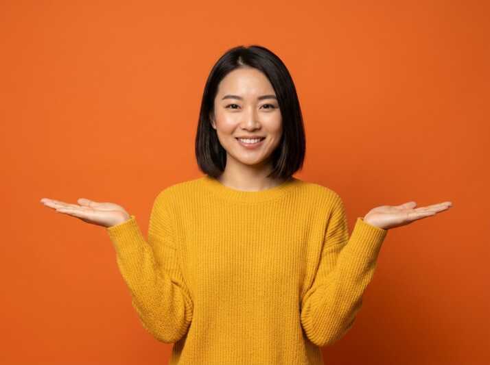 Une femme souriante portant un pull jaune, les mains ouvertes, sur fond uni.