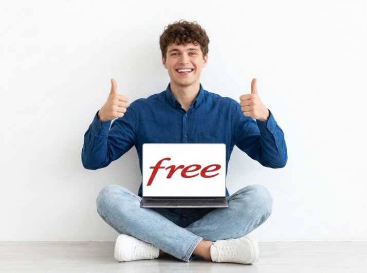Une femme en pull vert assis en tailleur avec un ordinateur portable affichant le logo Free.