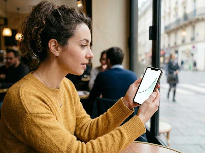 Une femme en profil regarde un smartphone affichant une courbe ascendante sans texte ni chiffre.